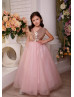 Dusty Rose Sequin Tulle Ankle Length V Back Flower Girl Dress